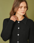 Yumi Black Rib Knit Midi Shirt Dress With Snaffle Belt
