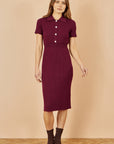 Yumi Burgundy Fitted Rib Knitted Midi Dress With Daisy Buttons