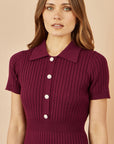Yumi Burgundy Fitted Rib Knitted Midi Dress With Daisy Buttons