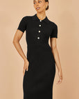 Yumi Black Fitted Rib Knitted Midi Dress With Daisy Buttons