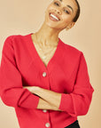 Yumi Red Relaxed Fit Cardigan With Stitch Detail