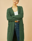 Yumi Green Cable Knit Edge to Edge Long Cardigan With Pockets