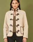 Yumi Cream Borg Jacket With Faux Leather Button Details