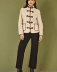 Yumi Cream Borg Jacket With Faux Leather Button Details
