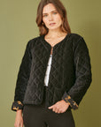 Yumi Black Velvet Quilted Jacket With Reversible Leopard Lining