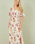 Yumi White Floral Recycled Fabric Ruched Waist Midi Dress