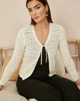 Yumi Ivory Crochet Tie Front Cardigan