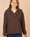 Yumi Brown Cropped Trench Coat With Check Lining