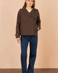 Yumi Brown Cropped Trench Coat With Check Lining