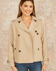 Yumi Beige Cropped Trench Jacket With Pockets and Check Lining