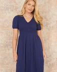 Yumi Navy Double Cotton Ruched Midi Dress