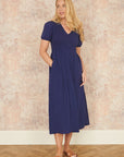 Yumi Navy Double Cotton Ruched Midi Dress
