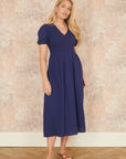 Yumi Navy Double Cotton Ruched Midi Dress