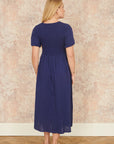 Yumi Navy Double Cotton Ruched Midi Dress