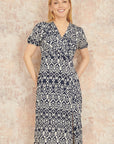 Yumi Navy Ikat Print Midi Dress With Split Hem
