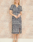Yumi Navy Ikat Print Midi Dress With Split Hem