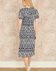 Yumi Navy Ikat Print Midi Dress With Split Hem