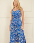 Yumi Blue Block Print Midi Sun Dress With Button Details