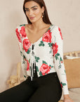 Yumi White Rose Print Cardigan With Tie Front