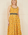 Yumi Mustard Floral Skater Dress With Denim Trims