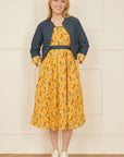 Yumi Mustard Floral Skater Dress With Denim Trims