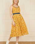 Yumi Mustard Floral Skater Dress With Denim Trims