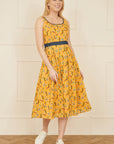 Yumi Mustard Floral Skater Dress With Denim Trims