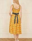Yumi Mustard Floral Skater Dress With Denim Trims
