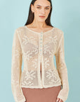 Yumi Beige Flower Crochet Button Up Cardigan