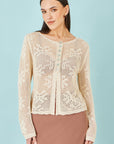 Yumi Beige Flower Crochet Button Up Cardigan