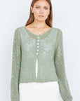 Yumi Green Flower Crochet Button Up Cardigan