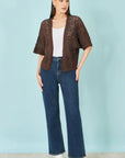 Yumi Brown Crochet Edge To Edge 3/4 Sleeve Cardigan