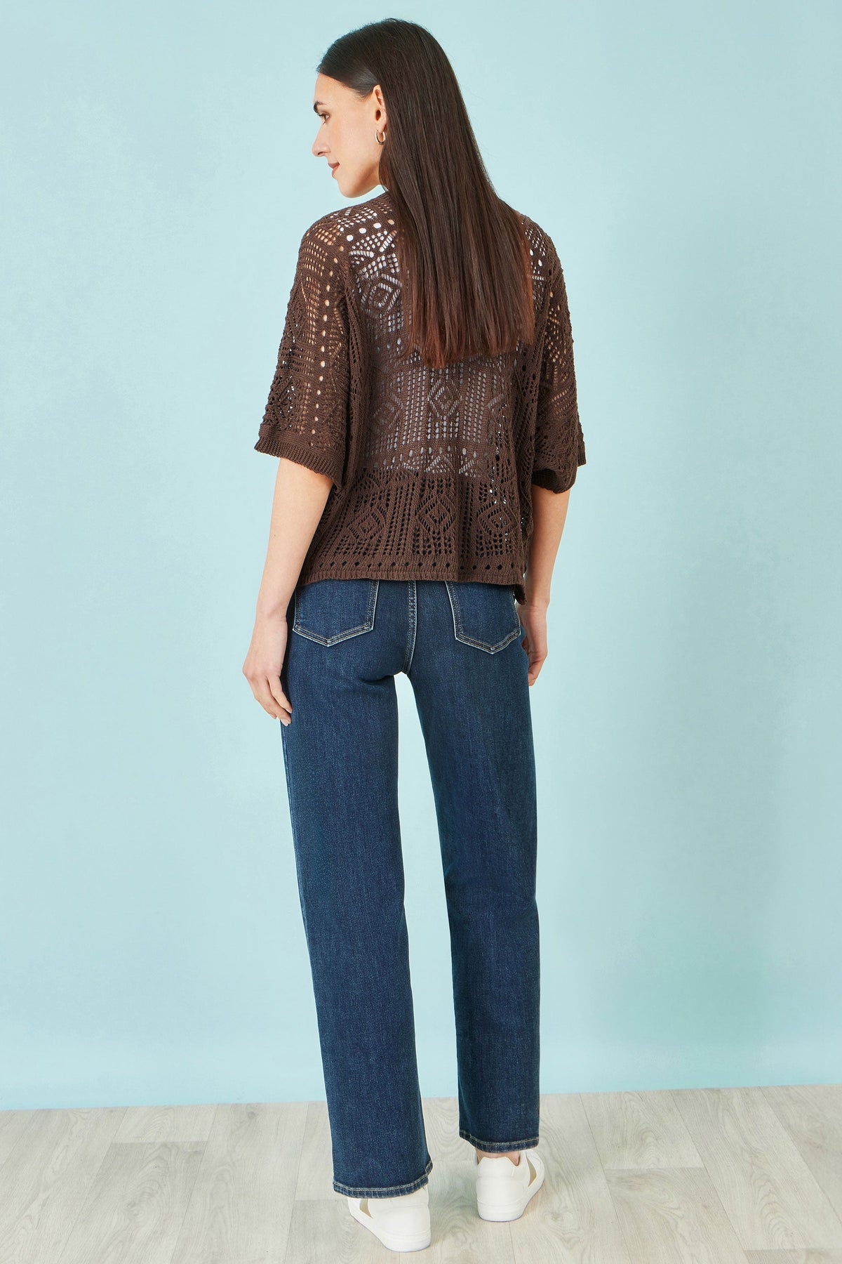Yumi Brown Crochet Edge To Edge 3/4 Sleeve Cardigan