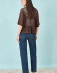 Yumi Brown Crochet Edge To Edge 3/4 Sleeve Cardigan