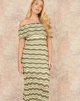 Yumi Green Stripe Crochet Knit Bardot Midi Dress