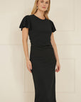 Yumi Black Ruched Waist Stretch Midi Dress