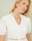 Yumi White Cotton Lace Trim Skater Shirt Dress