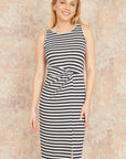 Yumi Navy Striped Jersey Ruched Midi Dress