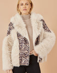 Yumi Cream Fur Biker Jacket With Leopard Print