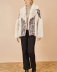 Yumi Cream Fur Biker Jacket With Leopard Print