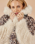 Yumi Cream Fur Biker Jacket With Leopard Print