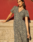 Yumi Brown Leopard Print Pleated Button Through Midi Dress