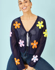 Yumi Navy Tie Front Cardigan With Flower Design