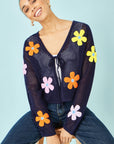Yumi Navy Tie Front Cardigan With Flower Design