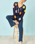 Yumi Navy Tie Front Cardigan With Flower Design