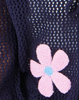 Yumi Navy Tie Front Cardigan With Flower Design