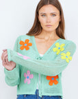 Yumi Mint Tie Front Cardigan With Flower Design