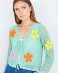 Yumi Mint Tie Front Cardigan With Flower Design