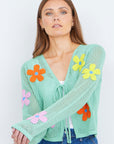Yumi Mint Tie Front Cardigan With Flower Design