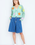 Yumi Mint Tie Front Cardigan With Flower Design